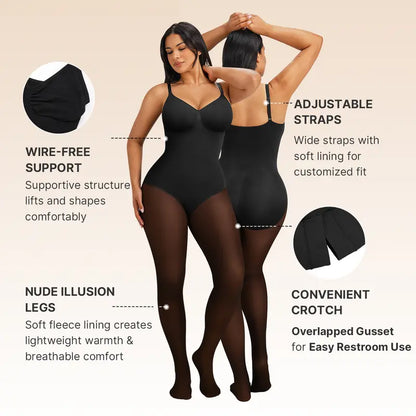 Fleece-Lined Sheer-Effect Shaping Bodysuit Tights - original gallery 6