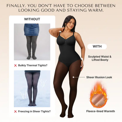Fleece-Lined Sheer-Effect Shaping Bodysuit Tights - original gallery 3