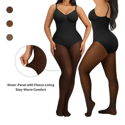 Fleece-Lined Sheer-Effect Shaping Bodysuit Tights - original gallery 1