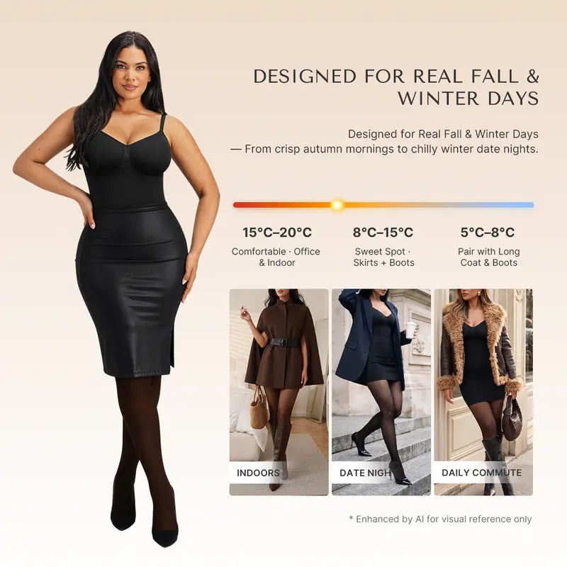 Fleece-Lined Sheer-Effect Shaping Bodysuit Tights - original gallery 2