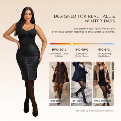 Fleece-Lined Sheer-Effect Shaping Bodysuit Tights - original gallery 2
