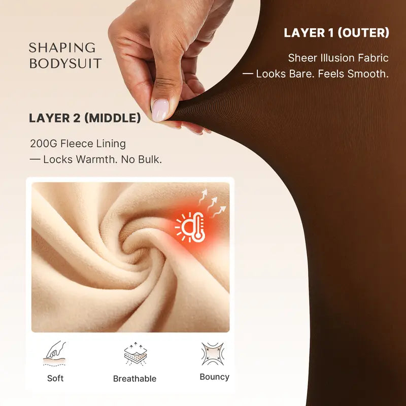 Fleece-Lined Sheer-Effect Shaping Bodysuit Tights - original gallery 4
