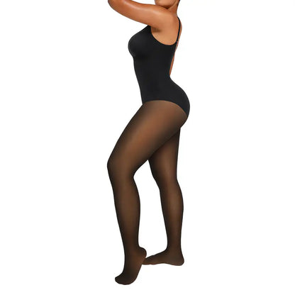 Fleece-Lined Sheer-Effect Shaping Bodysuit Tights - Tan