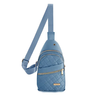 Quilted Crossbody Belt Bag with Multiple Zip Pockets - blue