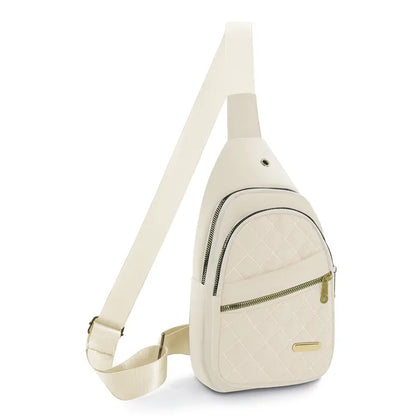 Quilted Crossbody Belt Bag with Multiple Zip Pockets - white