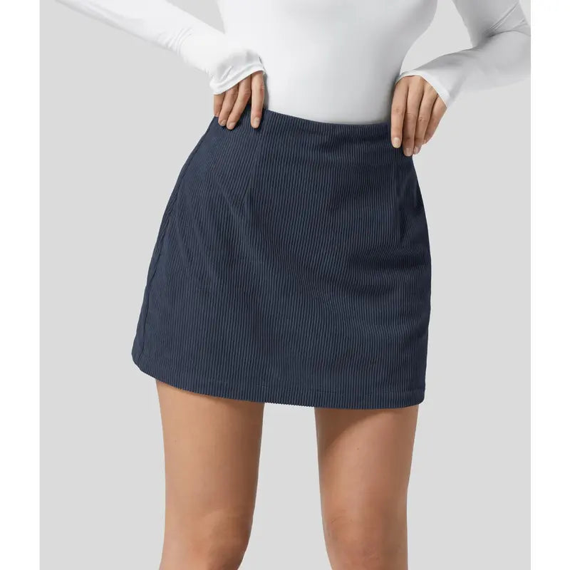 Foggy Blue Corduroy A-Line Skirt with Built-In Shorts - original gallery 4