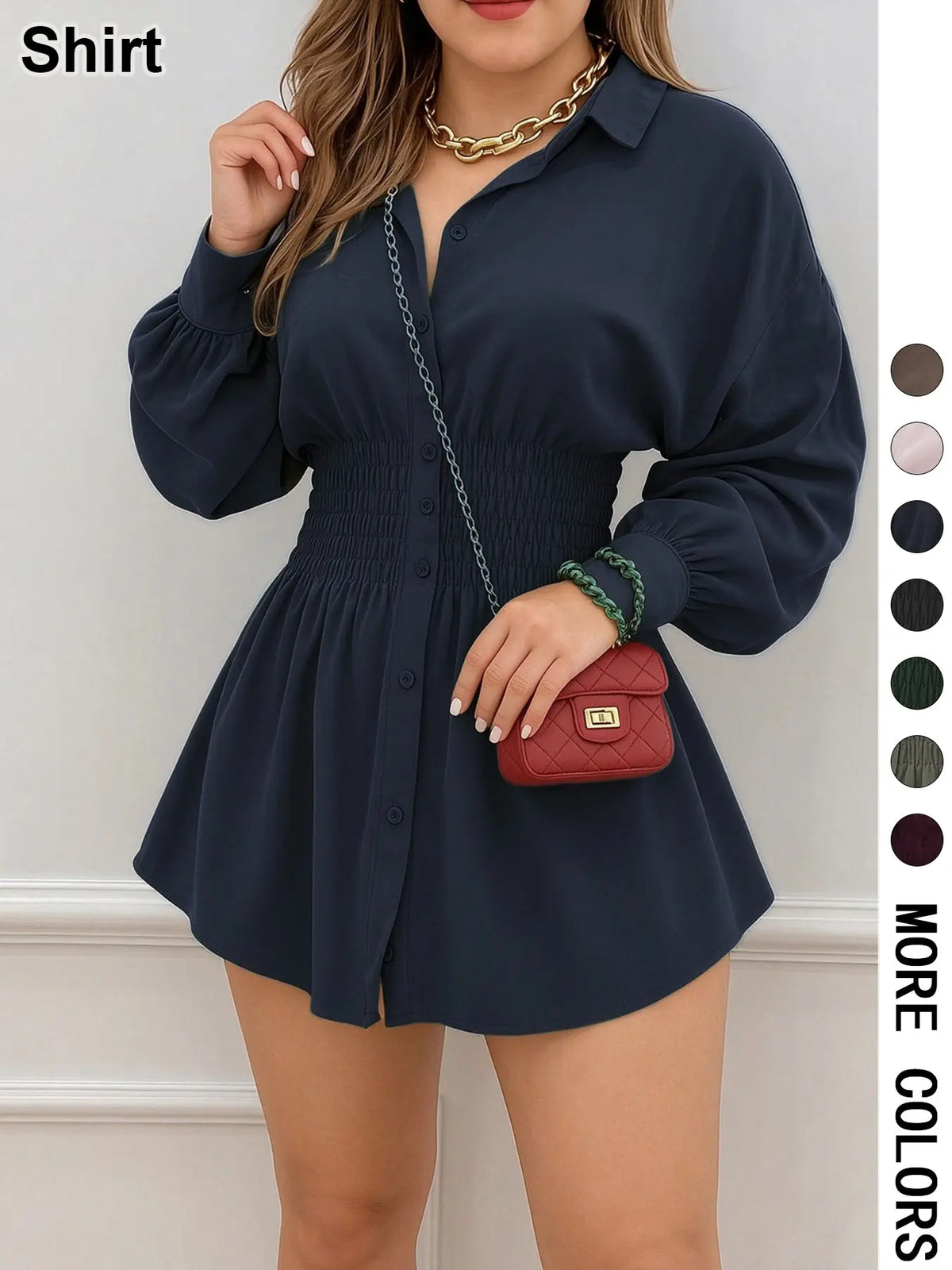 Zip-Front Long-Sleeve Peplum Shirt - Navy blue